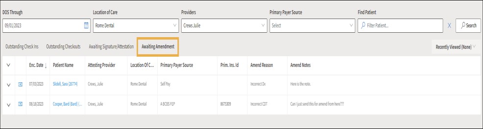 Awaiting Amendment worklist example